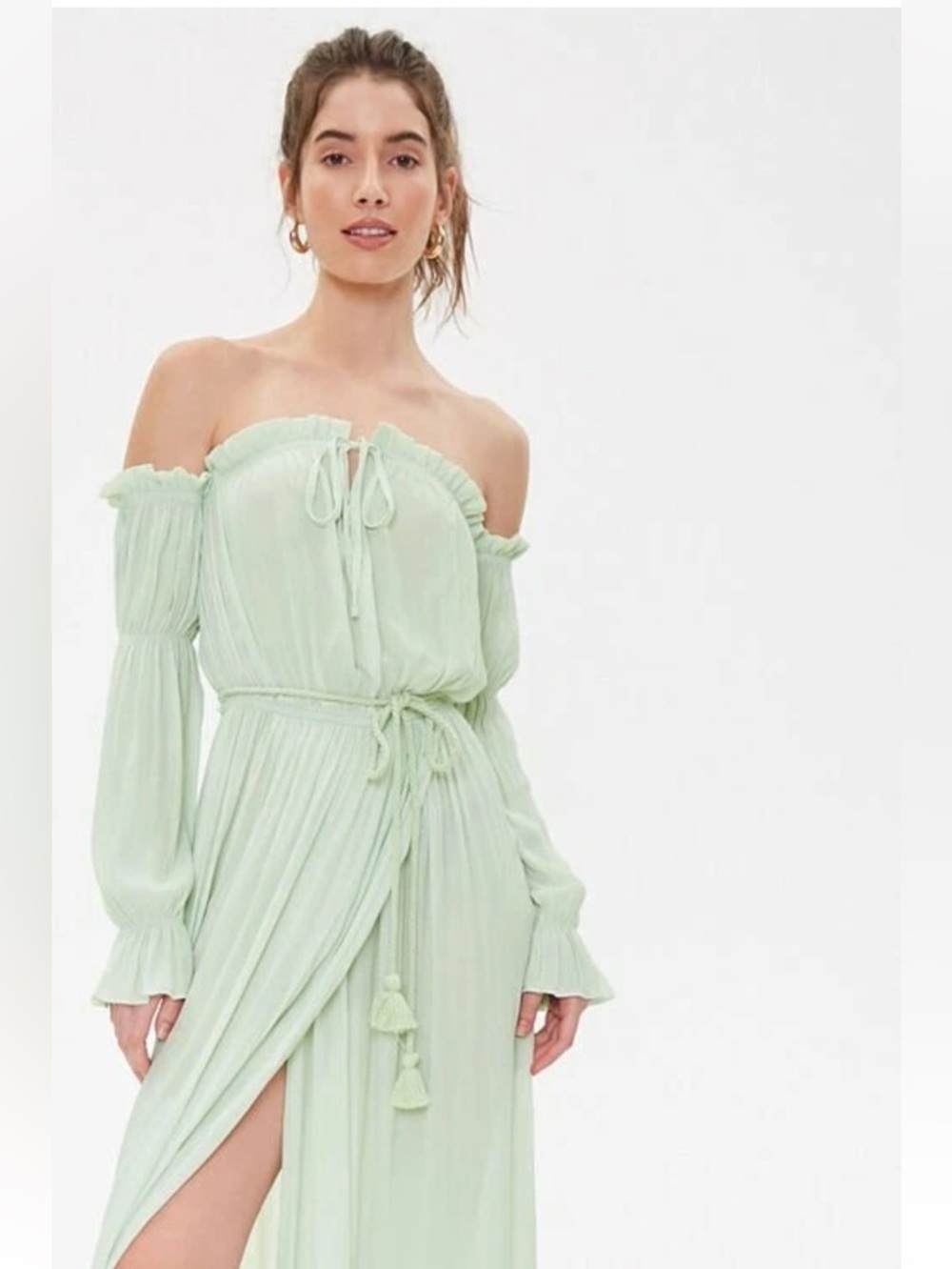 Forever 21 Sage Green One-Shoulder Maxi Dress with Tassel Tie